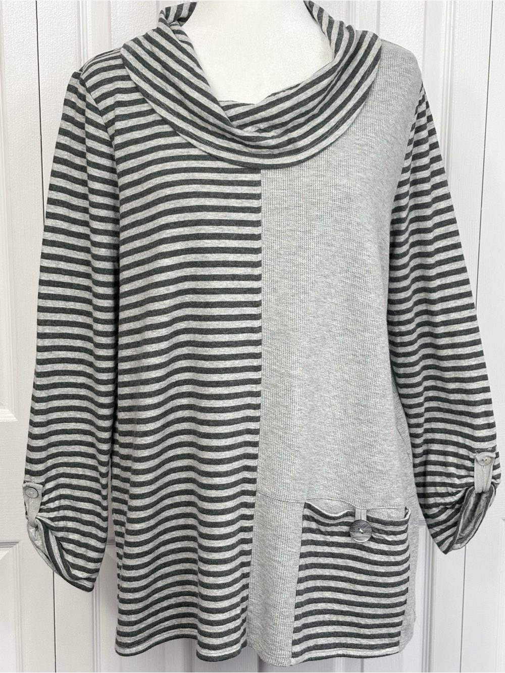 Soft Surroundings Gray Stripe Waffle Knit Asymmetrical Cowl Neck Shirt XL